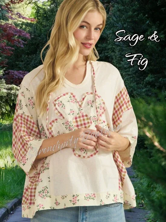 Sage & Fig 100% Soft Cotton Gauze Daisy Plaid Patchwork Boho Girly Hoodie Top - Picture 5 of 11
